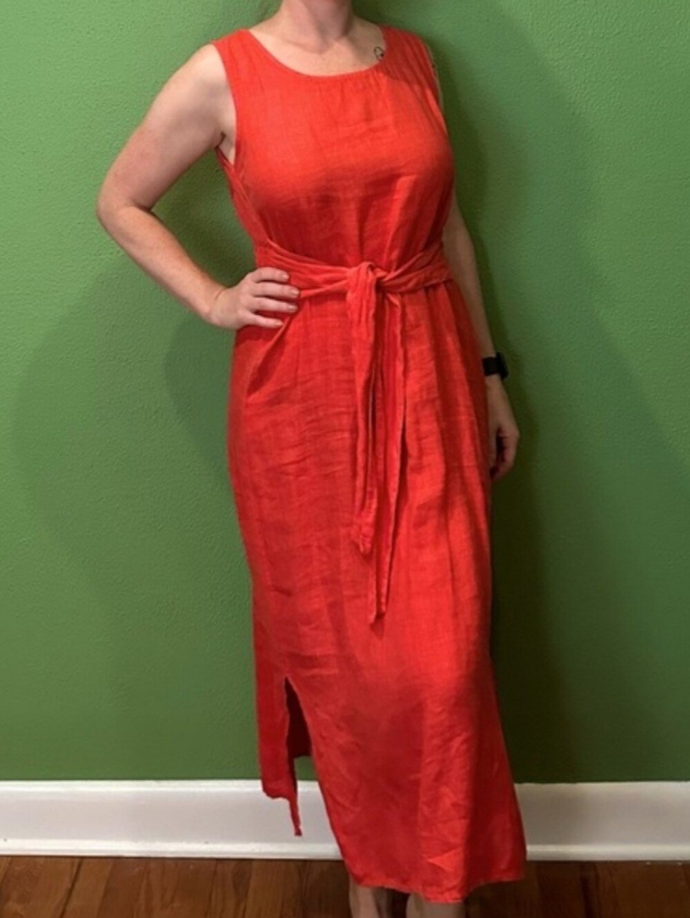 Sleeveless Coral-Red Tie-Waist Linen Maxi Dress Made In Italy